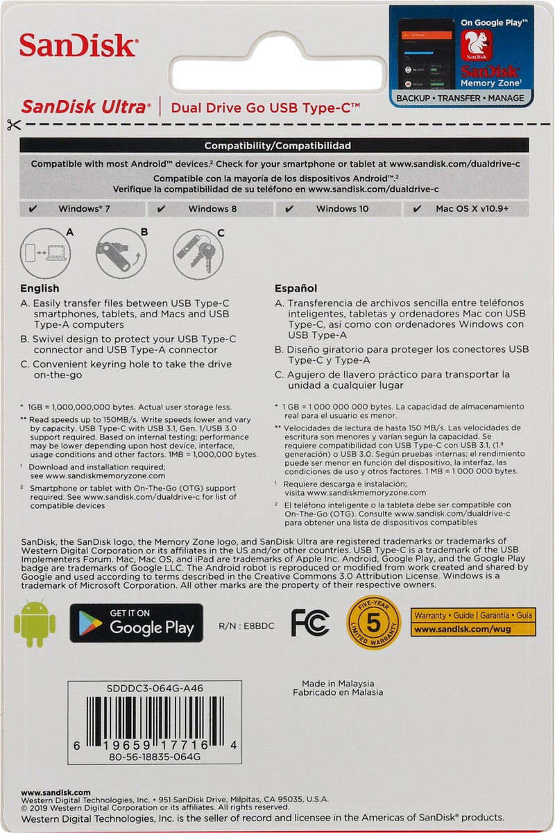 slide 7 of 9, SanDisk Ultra 64 GB Dual Drive Go USB Type-C Flash Drive 1 ea Card, 64 GB
