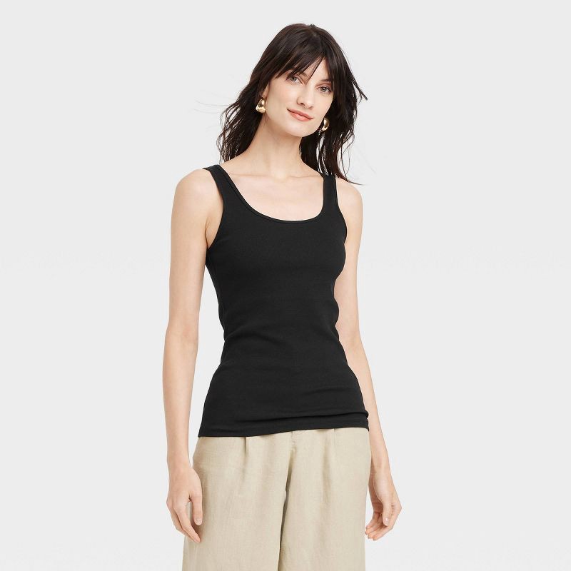 slide 1 of 4, Women's Slim Fit Layered Tank Top - A New Day™ Black XS: Cotton Modal Blend, Scoopneck, Pullover Style, 1 ct