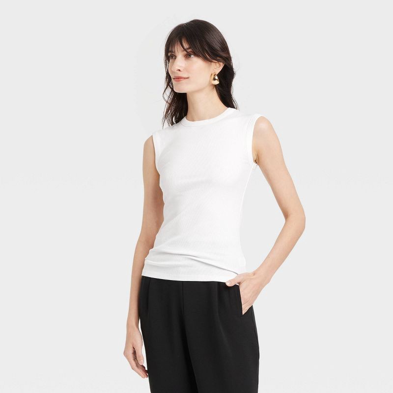 slide 1 of 4, Women's Ribbed Muscle Tank Top - A New Day™ White S: Cotton-Modal Blend, Midweight, Crew Neck, Pullover, At Hip Length, 1 ct