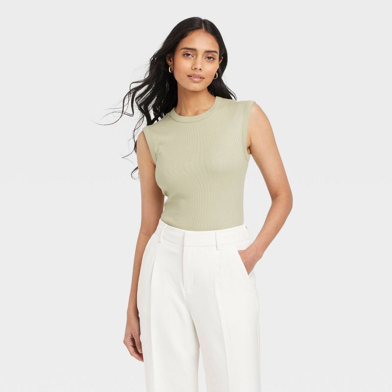 slide 1 of 4, Women's Ribbed Muscle Tank Top - A New Day™ Light Green S: Cotton Modal Blend, Midweight, Crew Neck, 1 ct