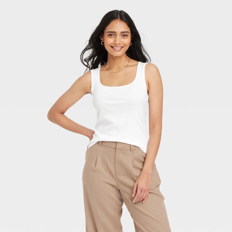 slide 1 of 4, Women's Ribbed Tank Top - A New Day™ White L: Cotton Modal Blend, Squareneck, Sleeveless, Pullover, Midweight Fabric, 1 ct