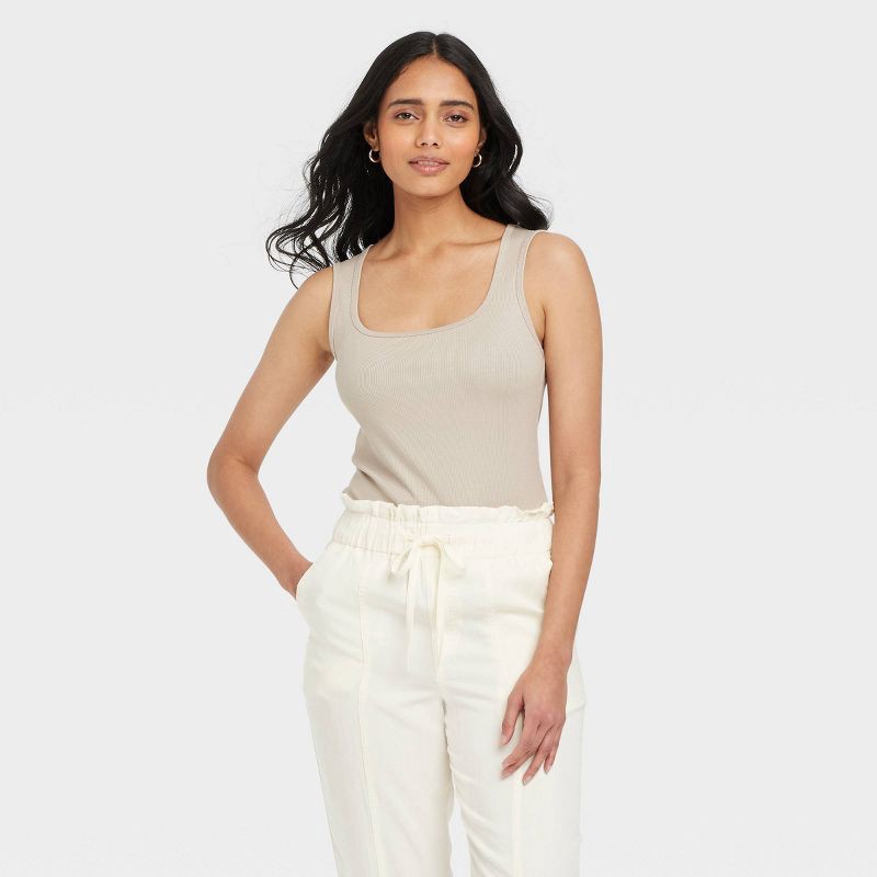 slide 1 of 4, Women's Ribbed Tank Top - A New Day™ Beige L: Cotton-Modal Blend, Squareneck, Sleeveless, Pullover, Midweight Fabric, 1 ct