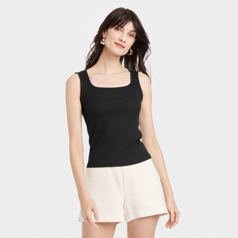 slide 1 of 4, Women's Ribbed Tank Top - A New Day™ Black L: Cotton Modal Blend, Squareneck, Pullover Style, 1 ct