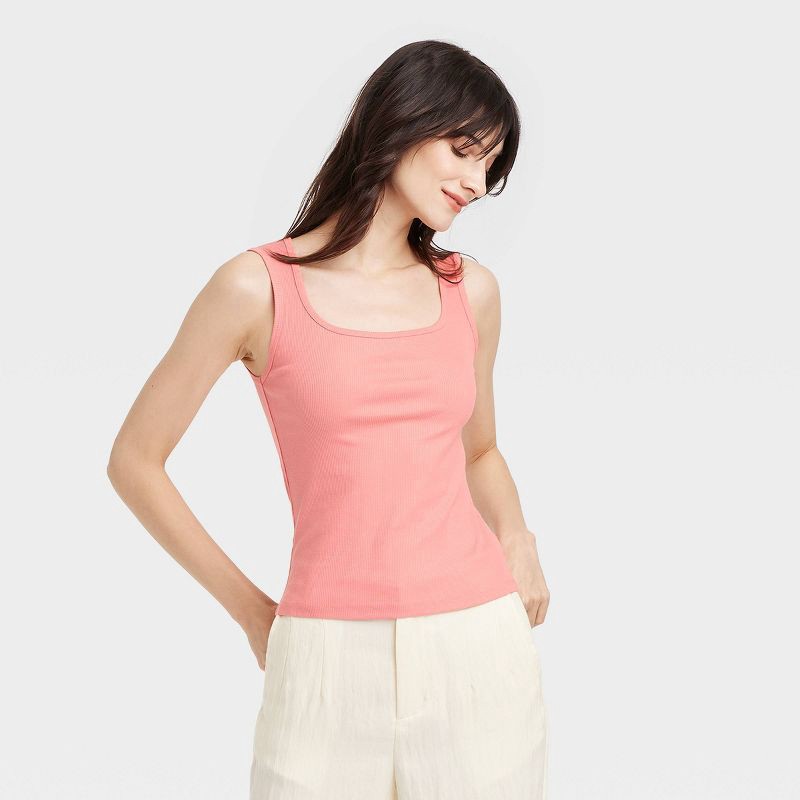 slide 1 of 4, Women's Ribbed Tank Top - A New Day™ Coral XL: Cotton-Modal Blend, Squareneck, Sleeveless, Midweight, Machine Washable, 1 ct
