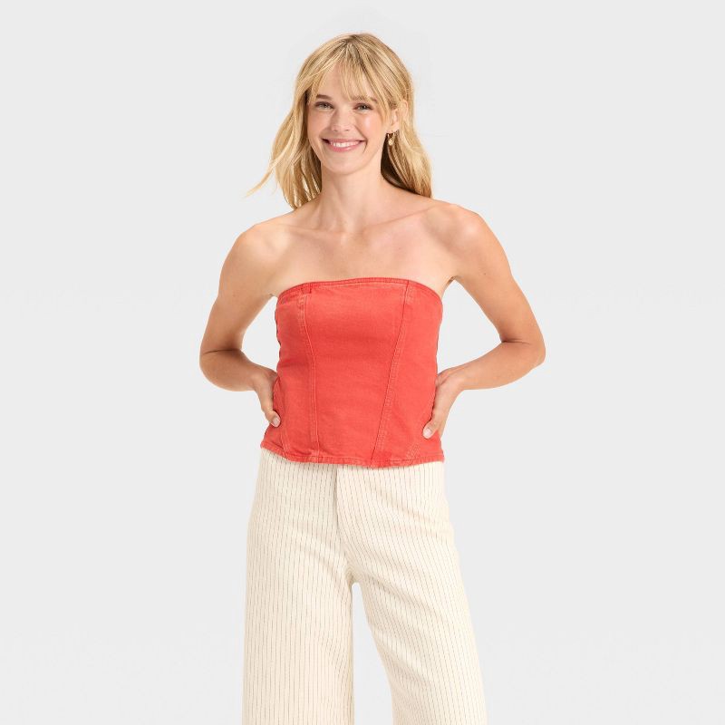slide 1 of 3, Women's Denim Corset Tube Top - Universal Thread™ Red 4, 1 ct
