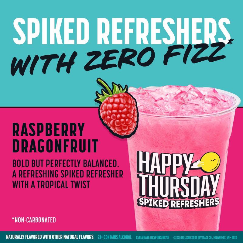 slide 3 of 8, Happy Thursday Raspberry Dragonfruit Spiked Refresher - 12pk/12 fl oz Cans, 12 ct; 12 fl oz