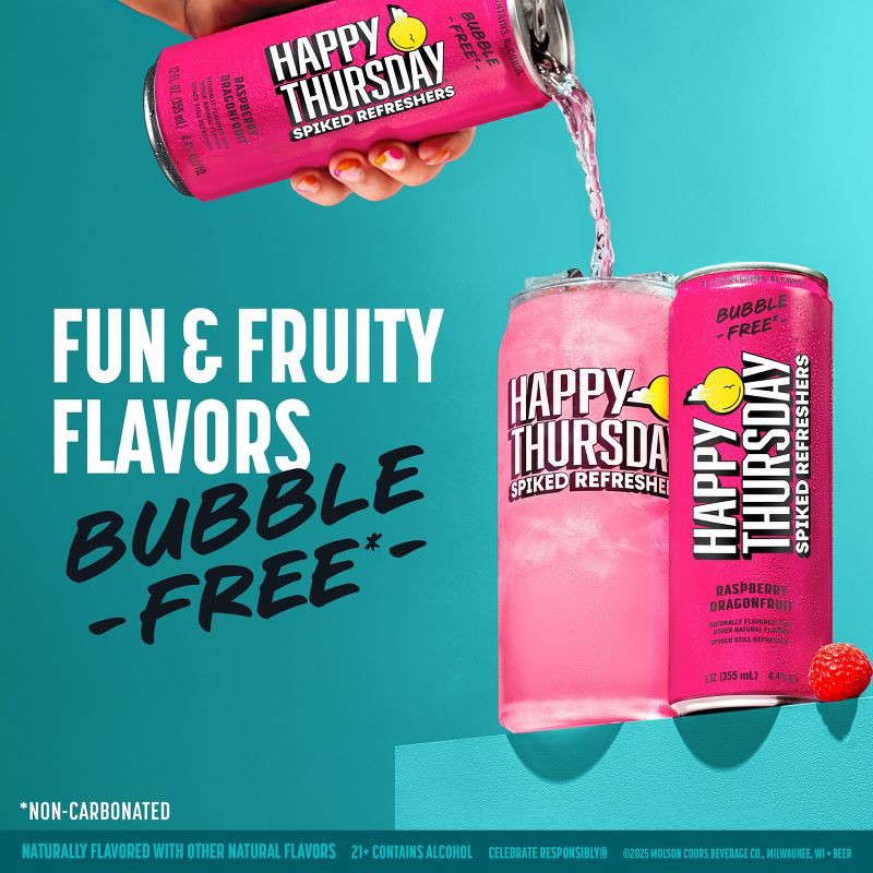 slide 4 of 8, Happy Thursday Raspberry Dragonfruit Spiked Refresher - 12pk/12 fl oz Cans, 12 ct; 12 fl oz