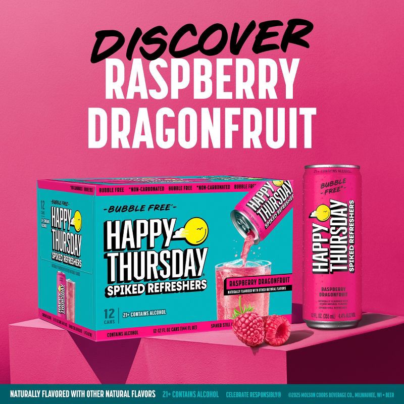 slide 6 of 8, Happy Thursday Raspberry Dragonfruit Spiked Refresher - 12pk/12 fl oz Cans, 12 ct; 12 fl oz