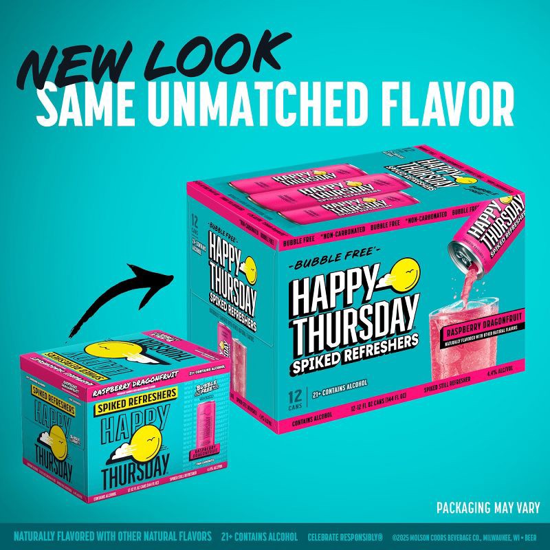 slide 7 of 8, Happy Thursday Raspberry Dragonfruit Spiked Refresher - 12pk/12 fl oz Cans, 12 ct; 12 fl oz
