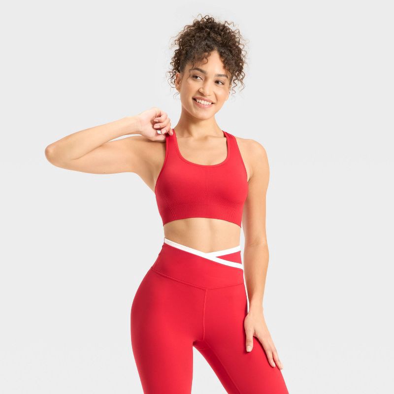 slide 1 of 4, Women's Seamless Medium Support Racerback Sports Bra - All In Motion™ Red XS, 1 ct