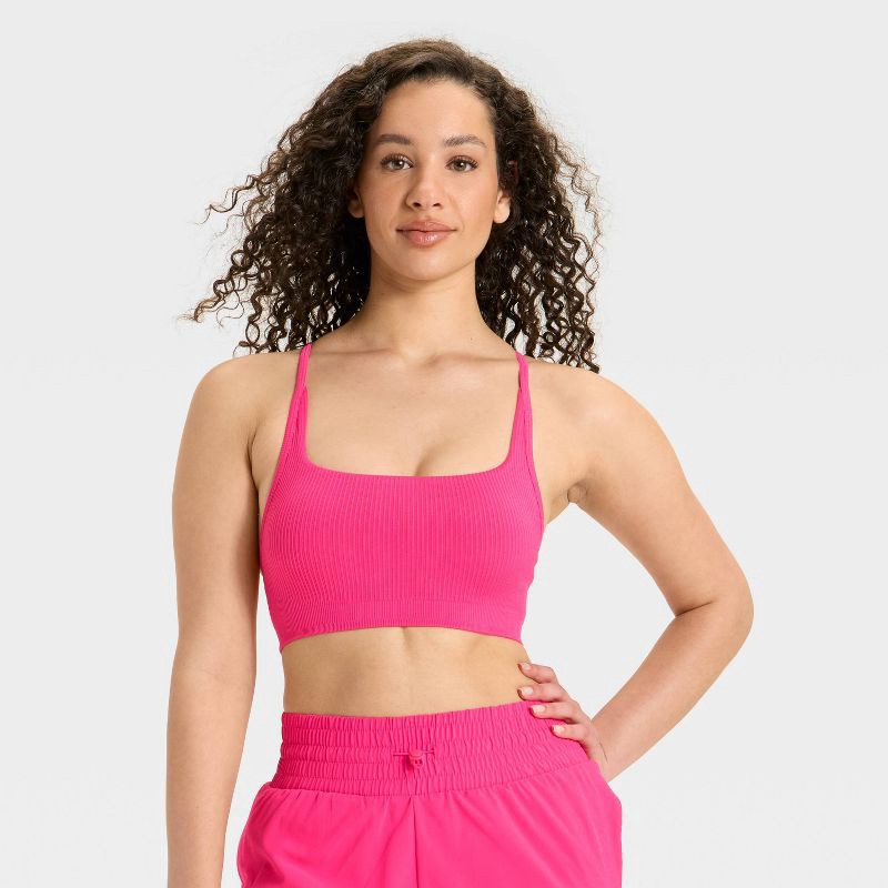 slide 1 of 3, Women's Seamless Ribbed Light Support Sports Bra - All In Motion™ Berry Pink L, 1 ct