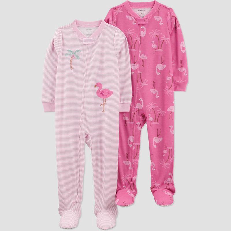 slide 1 of 3, Carter's Just One You® Toddler Girls' 2pk Flamingoes Footed Pajama - Pink 4T: Polyester, Midweight, Crew Neck, Long Sleeve, 2 ct