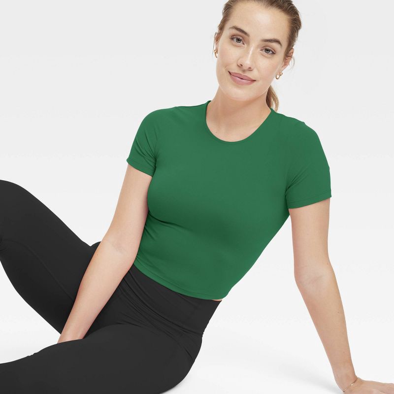 slide 3 of 5, Women's Everyday Soft Cropped Short Sleeve T-Shirt - All In Motion™ Dark Green M, 1 ct
