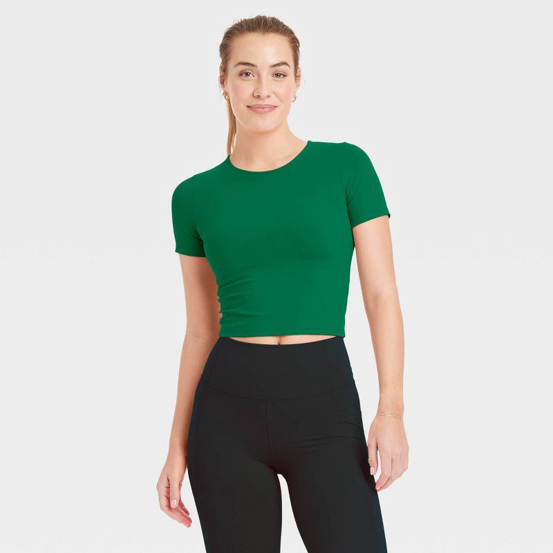 slide 1 of 5, Women's Everyday Soft Cropped Short Sleeve T-Shirt - All In Motion™ Dark Green M, 1 ct