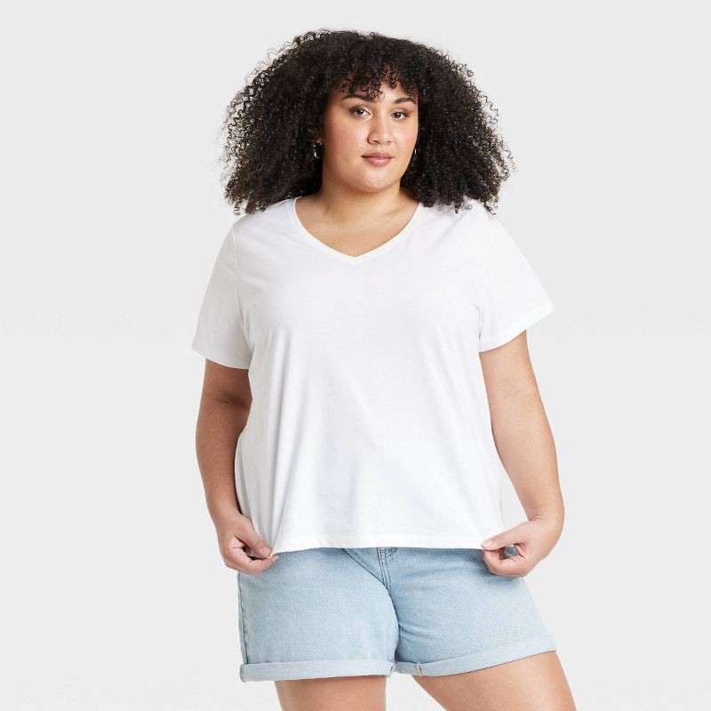 slide 1 of 3, Women's Short Sleeve V-Neck T-Shirt - Ava & Viv™ White 2X: Cotton Blend, Recycled Polyester, Midweight Jersey, Pullover Style, 1 ct