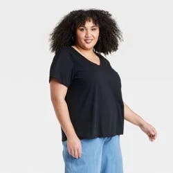 Women's Short Sleeve V-Neck T-Shirt - Ava & Viv™ Black 3X: Midweight, Pullover, Below Waist