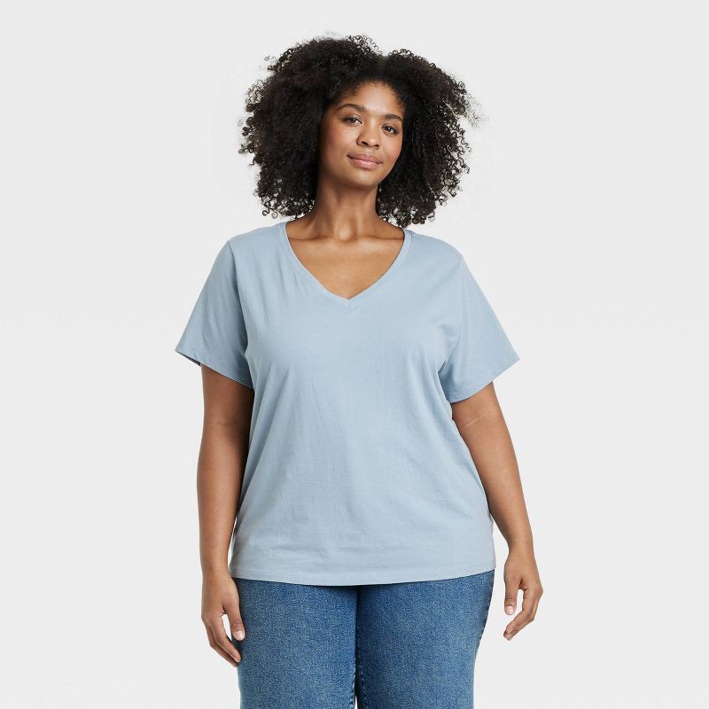 slide 1 of 3, Women's Short Sleeve V-Neck T-Shirt - Ava & Viv™ Light Blue 2X: Pullover, Below Waist, 1 ct