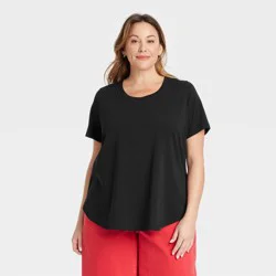 Women's Short Sleeve Scoop Neck Drapey T-Shirt - Ava & Viv™ Black 1X: Midweight Jersey, Pullover, Below Waist