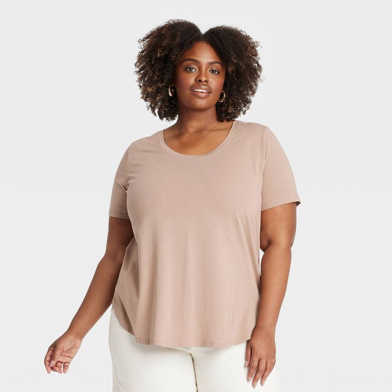 slide 1 of 3, Women's Short Sleeve Scoop Neck Drapey T-Shirt - Ava & Viv™ Brown 1X: Midweight Jersey, Pullover, 1 ct