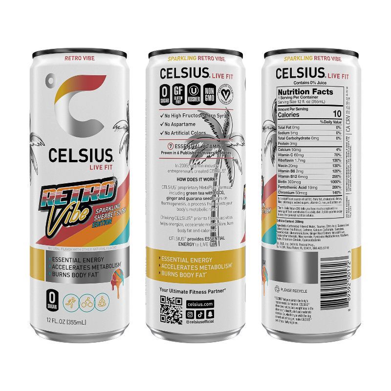 slide 2 of 5, CELSIUS Sparkling Retro Vibe Sherbet Slush Functional Energy Drink - 12 fl oz Single Can, 12 fl oz