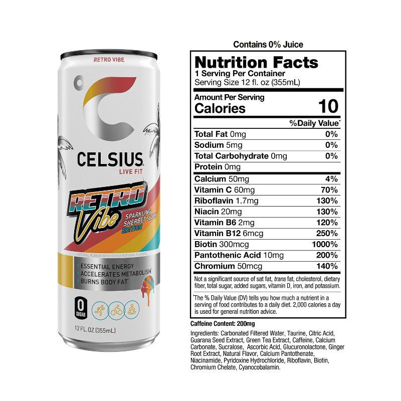 slide 3 of 5, CELSIUS Sparkling Retro Vibe Sherbet Slush Functional Energy Drink - 12 fl oz Single Can, 12 fl oz