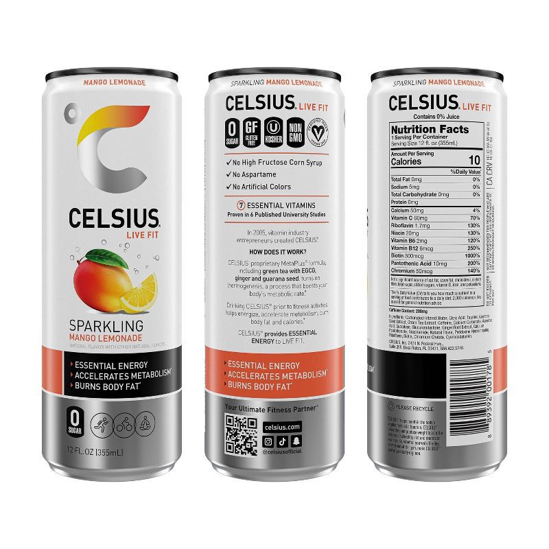 slide 2 of 5, CELSIUS Sparkling Mango Lemonade Functional Energy Drink - 12 fl oz Single Can, 12 fl oz
