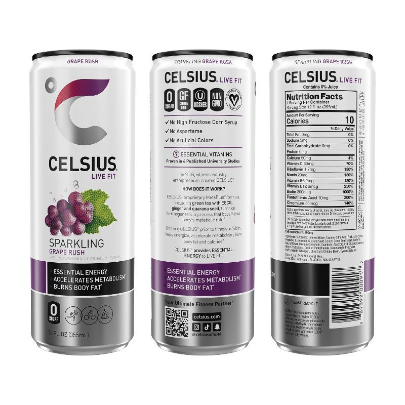 slide 3 of 5, CELSIUS Sparkling Classic Pop (Orange, Cherry Cola, Grape) Variety Pack Functional Energy Drink - 12pk/12 fl oz Cans, 12 ct; 12 fl oz