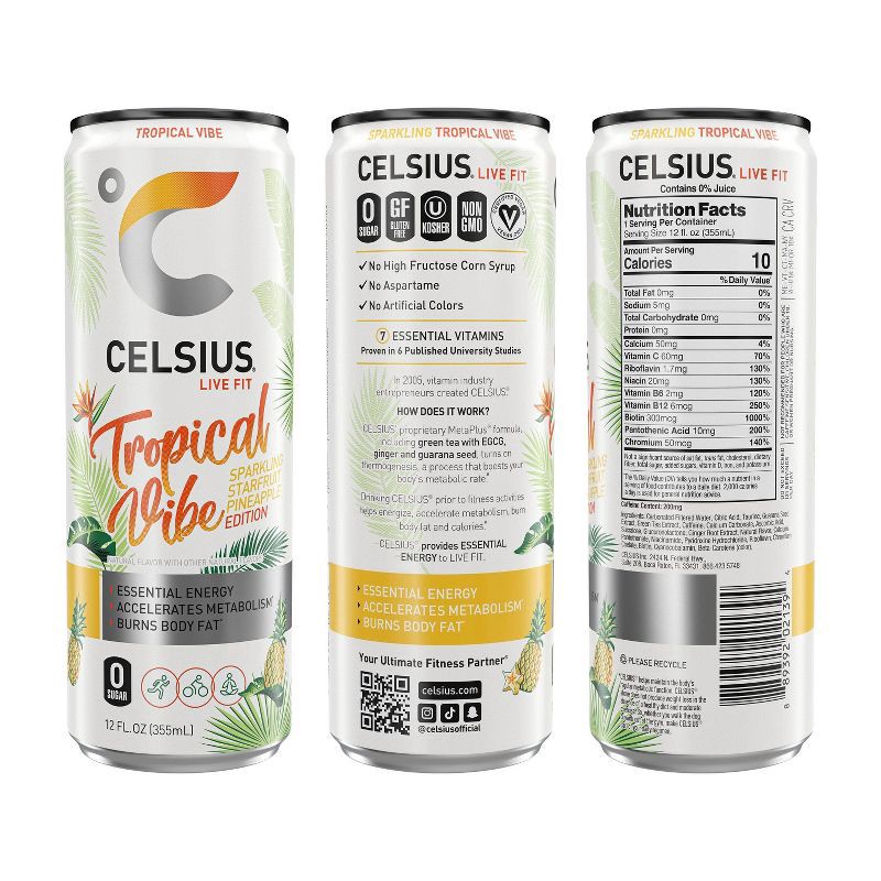 slide 2 of 6, CELSIUS Sparkling Beach Vibe (Tropical, Playa, Fantasy) Variety Pack Functional Energy Drink - 12pk/12 fl oz Cans, 12 ct; 12 fl oz