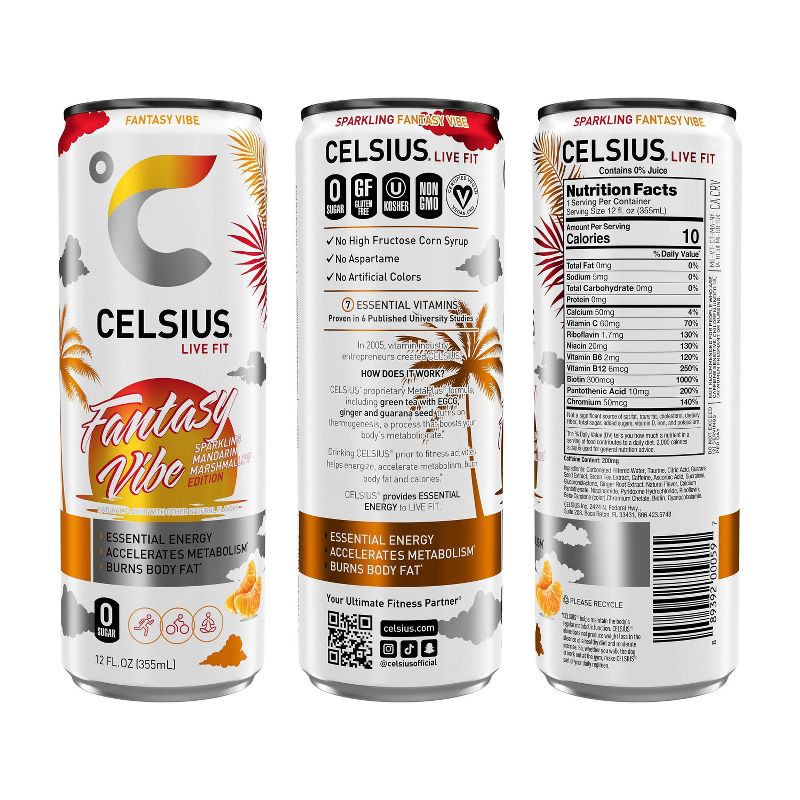 slide 4 of 6, CELSIUS Sparkling Beach Vibe (Tropical, Playa, Fantasy) Variety Pack Functional Energy Drink - 12pk/12 fl oz Cans, 12 ct; 12 fl oz