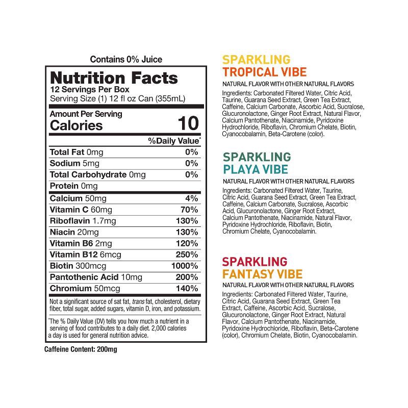 slide 5 of 6, CELSIUS Sparkling Beach Vibe (Tropical, Playa, Fantasy) Variety Pack Functional Energy Drink - 12pk/12 fl oz Cans, 12 ct; 12 fl oz