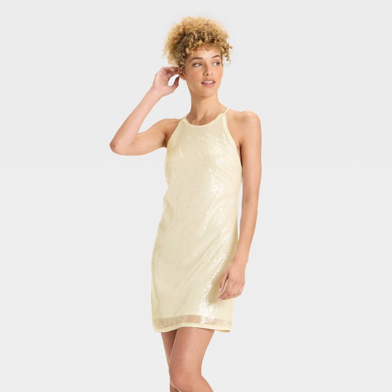 slide 1 of 3, Women's Sequin Mini Shift Dress - A New Day™ Cream XL, 1 ct