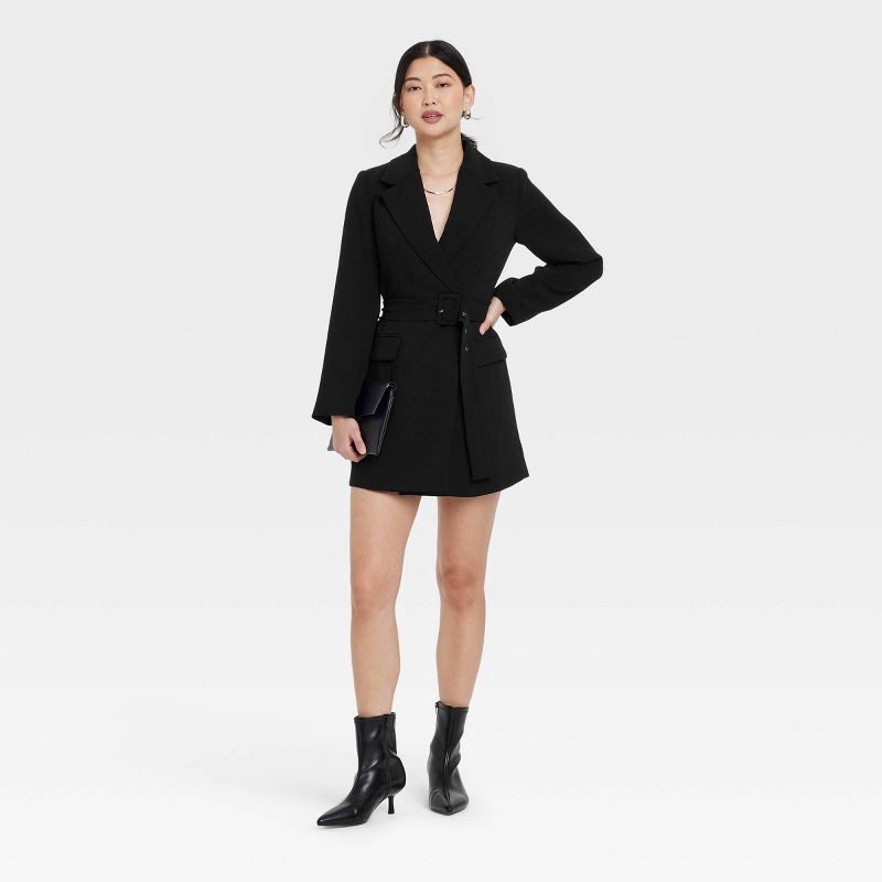 slide 3 of 3, Women's Long Sleeve Mini Blazer Dress - A New Day™ Black M: Collared Wrap with Side Pockets, Midweight Woven Fabric, 1 ct