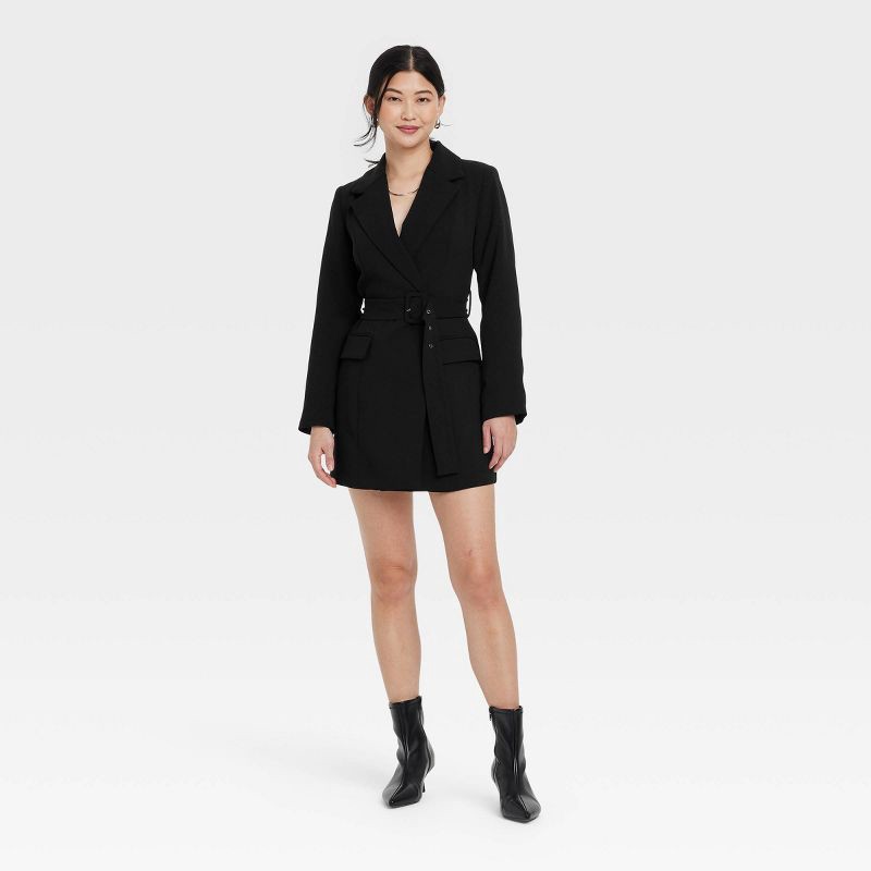 slide 1 of 3, Women's Long Sleeve Mini Blazer Dress - A New Day™ Black M: Collared Wrap with Side Pockets, Midweight Woven Fabric, 1 ct