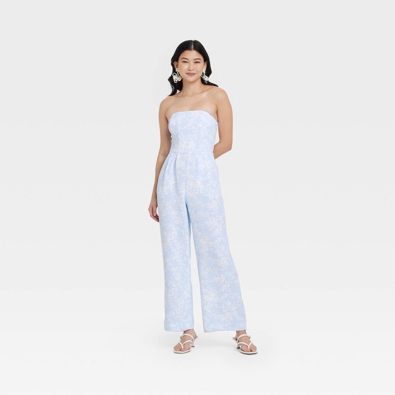 slide 1 of 3, Women's Jumpsuit - A New Day™ Blue Floral S: Polyester, Side Pocket, Below Knee Length, Machine Washable, 1 ct