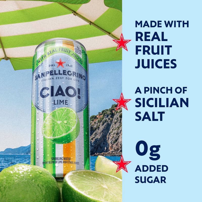 slide 3 of 8, Sanpellegrino CIAO! Lime Flavored Sparkling Water with Real Fruit Juices - 6pk/11.15 fl oz Cans, 6 ct; 11.15 fl oz