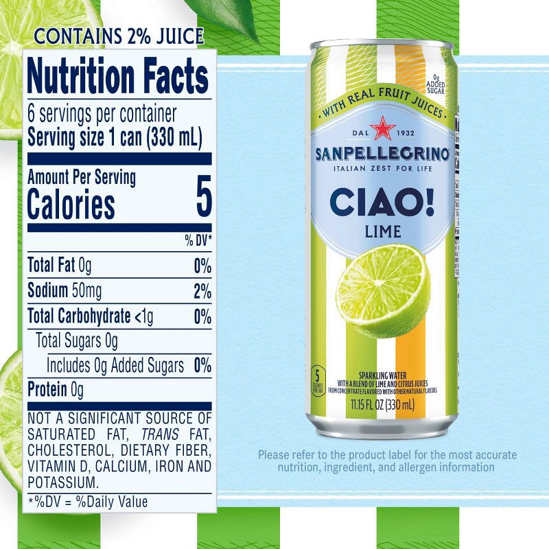 slide 6 of 8, Sanpellegrino CIAO! Lime Flavored Sparkling Water with Real Fruit Juices - 6pk/11.15 fl oz Cans, 6 ct; 11.15 fl oz