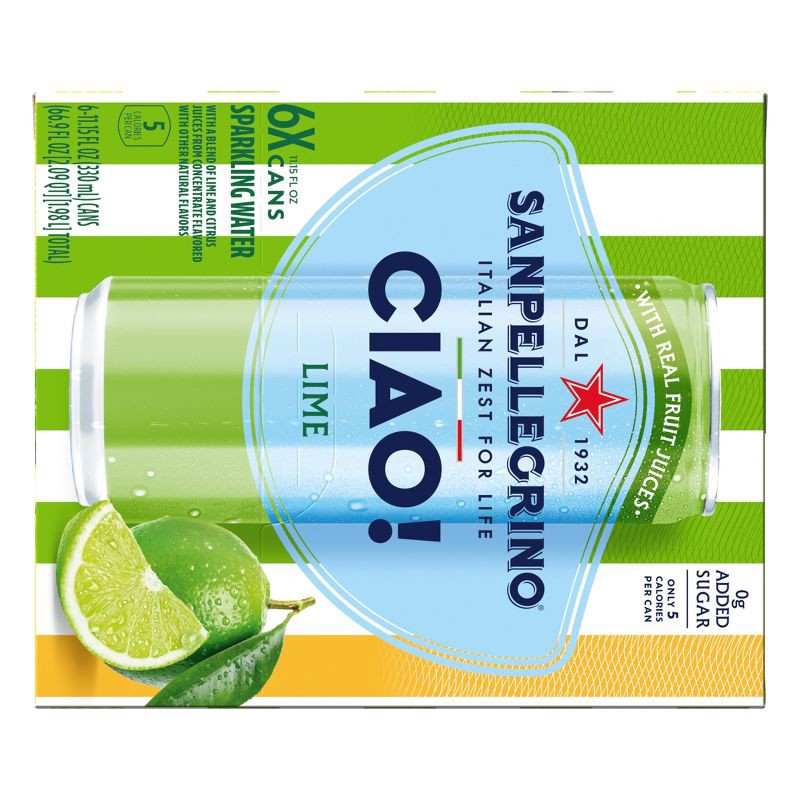 slide 8 of 8, Sanpellegrino CIAO! Lime Flavored Sparkling Water with Real Fruit Juices - 6pk/11.15 fl oz Cans, 6 ct; 11.15 fl oz