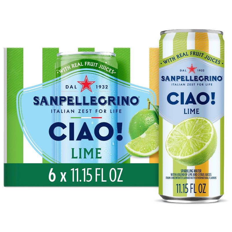 slide 1 of 8, Sanpellegrino CIAO! Lime Flavored Sparkling Water with Real Fruit Juices - 6pk/11.15 fl oz Cans, 6 ct; 11.15 fl oz