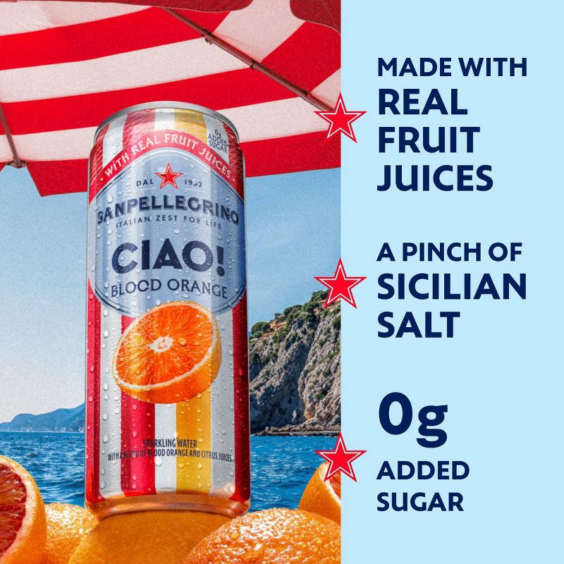 slide 3 of 7, Sanpellegrino CIAO! Blood Orange Flavored Sparkling Water with Real Fruit Juices - 6pk/11.15 fl oz Cans, 6 ct; 11.15 fl oz