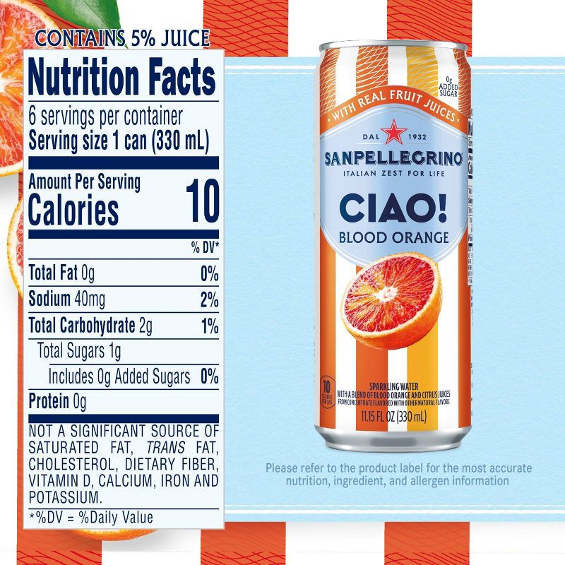 slide 6 of 7, Sanpellegrino CIAO! Blood Orange Flavored Sparkling Water with Real Fruit Juices - 6pk/11.15 fl oz Cans, 6 ct; 11.15 fl oz
