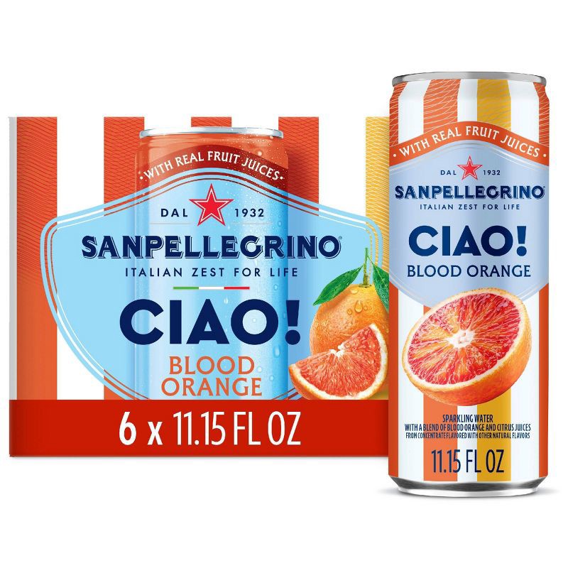 slide 1 of 7, Sanpellegrino CIAO! Blood Orange Flavored Sparkling Water with Real Fruit Juices - 6pk/11.15 fl oz Cans, 6 ct; 11.15 fl oz