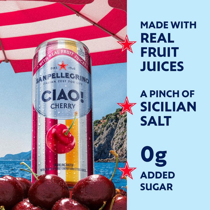 slide 3 of 8, Sanpellegrino CIAO! Cherry Flavored Sparkling Water with Real Fruit Juices - 6pk/11.15 fl oz Cans, 6 ct; 11.15 fl oz