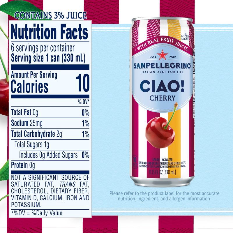 slide 6 of 8, Sanpellegrino CIAO! Cherry Flavored Sparkling Water with Real Fruit Juices - 6pk/11.15 fl oz Cans, 6 ct; 11.15 fl oz