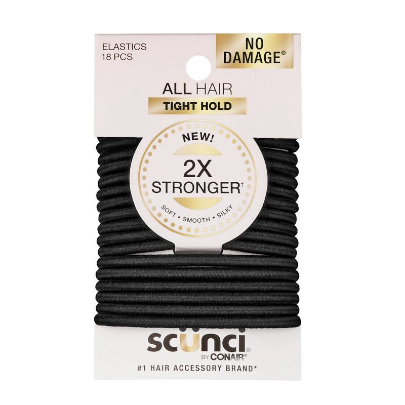 slide 1 of 8, scunci scünci No Damage 2X Stronger Elastic Hair Ties - Black - All Hair - 4mm - 18pcs, 18 ct