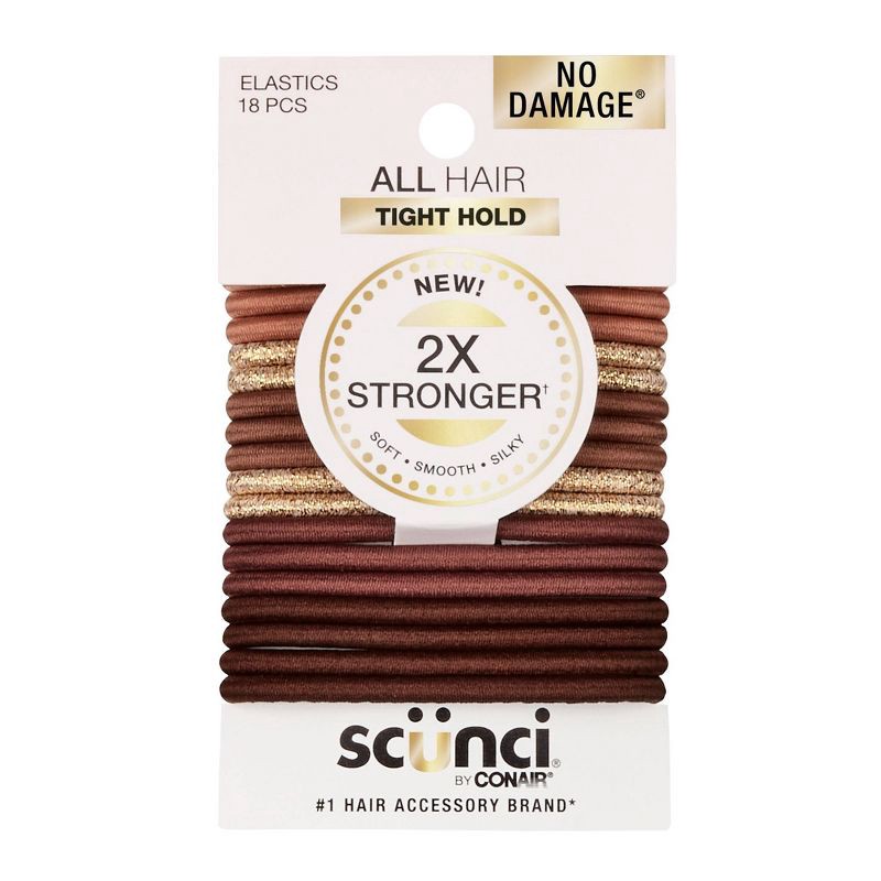 slide 1 of 8, scunci scünci No Damage 2X Stronger Elastic Hair Ties - Browns/Gold - All Hair - 4mm - 18pcs, 18 ct