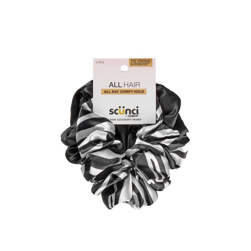 slide 1 of 7, scunci scünci Classic Chic Large Satin Scrunchies - Black/Zebra Print - All Hair - 2pcs, 2 ct