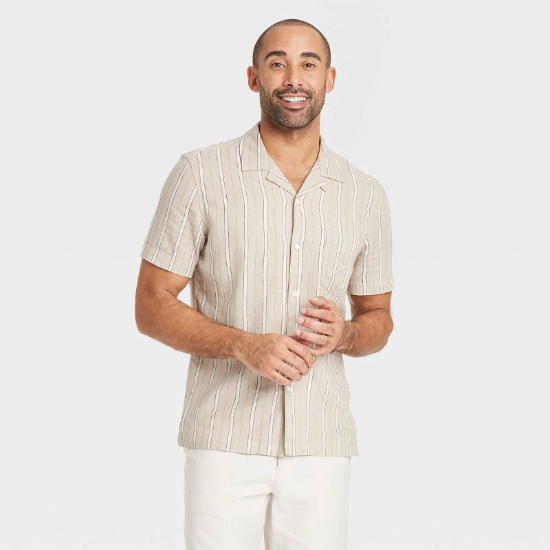 slide 1 of 3, Men's Vintage Short Sleeve Camp Shirt - Goodfellow & Co™ Tan L: Linen Blend, Stripe Pattern, Front Pocket, Machine Washable, 1 ct