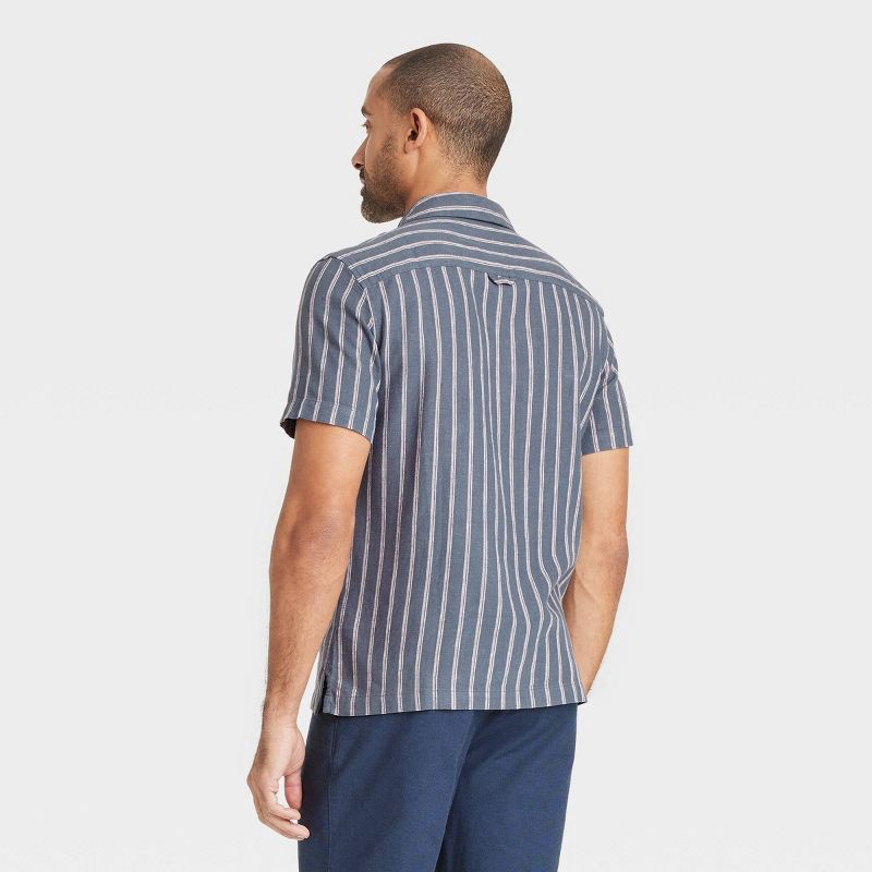slide 2 of 3, Men's Vintage Short Sleeve Camp Shirt - Goodfellow & Co™ Navy Blue M: Linen Blend, Stripe Pattern, Front Pocket, Machine Washable, 1 ct