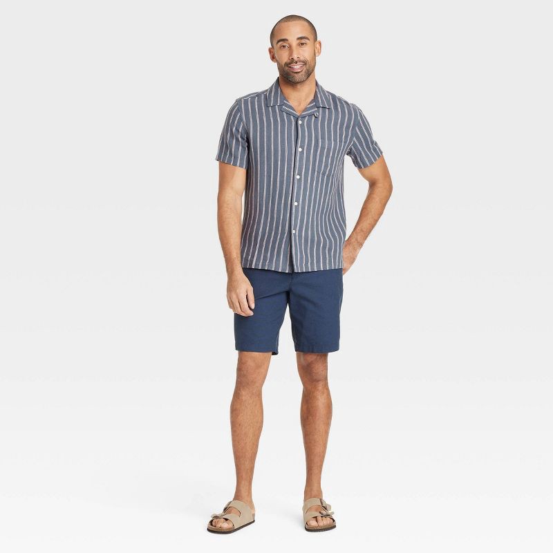 slide 3 of 3, Men's Vintage Short Sleeve Camp Shirt - Goodfellow & Co™ Navy Blue M: Linen Blend, Stripe Pattern, Front Pocket, Machine Washable, 1 ct
