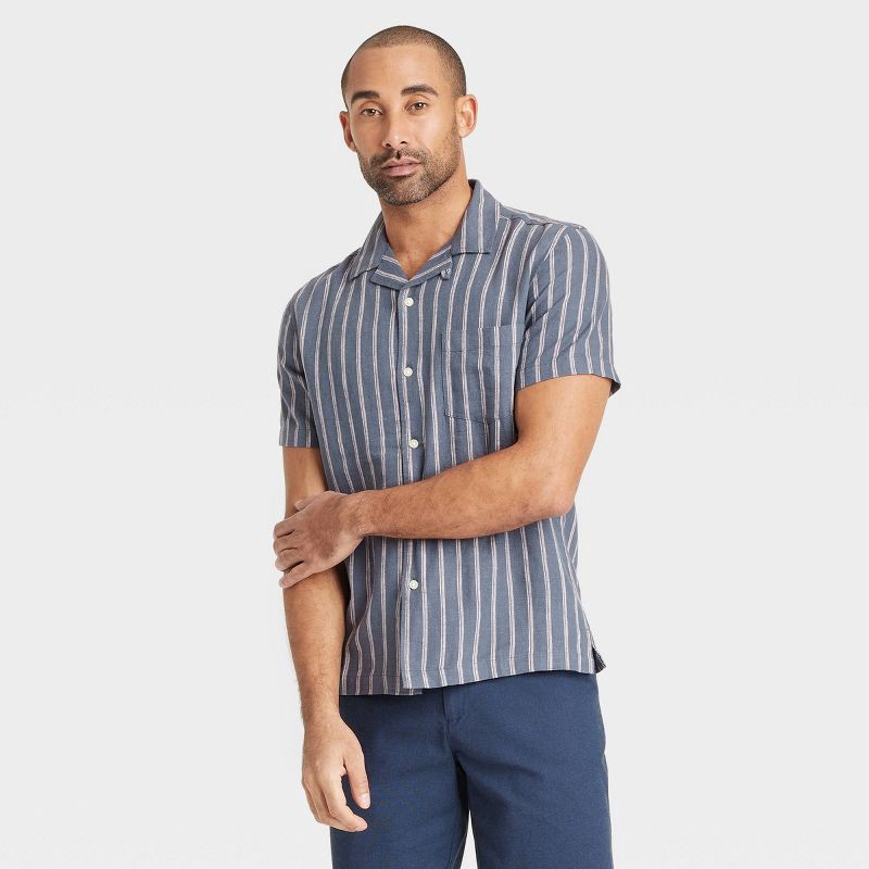 slide 1 of 3, Men's Vintage Short Sleeve Camp Shirt - Goodfellow & Co™ Navy Blue M: Linen Blend, Stripe Pattern, Front Pocket, Machine Washable, 1 ct